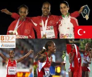 Układanka Alemitu 5000 m mistrz Bekele, Elvan Abeylegesse i Sara Moreira (2 i 3) z Barcelona Mistrzostwa Europy w Lekkoatletyce 2010