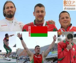 Układanka Andrei Mijnevich pchnięcia kulą mistrz, Tomasz Majewksi i Ralf Bartels (2 i 3) z Barcelona Mistrzostwa Europy w Lekkoatletyce 2010