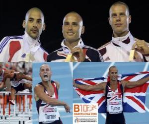 Układanka Andy Turner mistrz 110m przez płotki, Garfield Darien i Daniel Kiss (2 i 3) z Barcelona Mistrzostwa Europy w Lekkoatletyce 2010