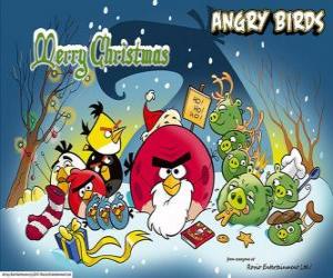 Układanka Angry Birds życząc Wesołych Świąt