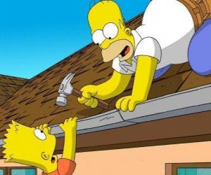 Układanka Bart jest zawieszony na dachu, kiedy pomógł jego naprawy ojciec Homer