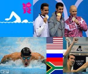 Układanka Basen 100 m styl mężczyzn Butterfly dekoracji, Michael Phelps (Stany Zjednoczone), Jewgienij Korotyshkin (Rosja), Chad le Clos (RPA) - London 2012-