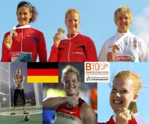 Układanka Betty Heidler mistrzem w rzucie młotem Tatiana Łysenko i Anita Włodarczyk (2 i 3) z Barcelona Mistrzostwa Europy w Lekkoatletyce 2010