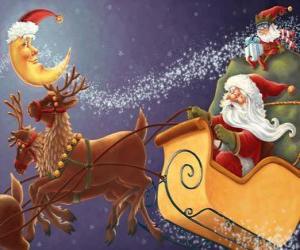 Układanka Boże Narodzenie sanie ciągnione przez magicznych reniferów i załadowane darami, Święty Mikołaj i elfy