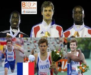 Układanka Christophe Lemaitre 200 m mistrz, Christian Malcolm i Martial Mbandjock (2 i 3) z Barcelona Mistrzostwa Europy w Lekkoatletyce 2010