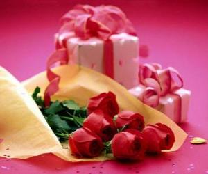 Układanka Czerwone róże i prezent dla Zakochanych