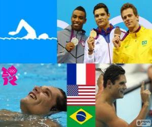 Układanka Dekoracji basenie mężczyzn 50 metrów stylem dowolnym, Florent Manaudou (Francja), Cullen Jones (Stany Zjednoczone) i César Cielo (Brazylia) - London 2012-