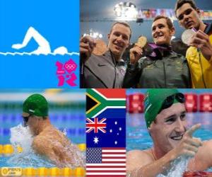 Układanka Dekoracji pływanie 100 m mężczyzn w klasycznym, Cameron van der Burgh (RPA), Christian Sprenger (Australia) i Brendan Hansen (Stany Zjednoczone) - London 2012 - stylu