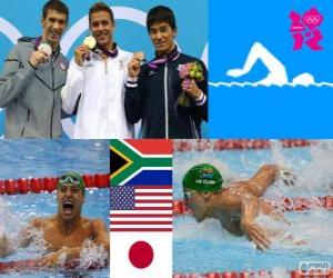 Układanka Dekoracji pływanie 200 m stylem motylkowym mężczyzn, Chad le Clos (RPA), Michael Phelps (Stany Zjednoczone) i Takeshi Matsuda (Japonia) - London 2012-