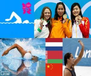 Układanka Dekoracji pływanie kobiet 100 metrów stylem dowolnym, Ranomi Kromowidjojo (Holandia), Aliaxandra Herasimenia (Białoruś) i Yi Tang (Chiny) - London 2012-