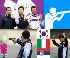 Układanka Dekoracji strzelectwo, pistolet pneumatyczny 10 m mężczyzn, Jin Jingoh (Korea Południowa), Luca Tesconi (Włochy) i Andrija Zlatić (Serbia)