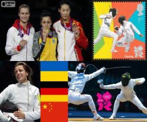 Układanka Dekoracji szermierka kobiet poszczególnych miecz, Jana Shemiakina (Ukraina), Britta Heidemann (Niemcy) i Sun Yujie (Chiny) - London 2012-