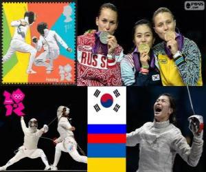 Układanka Dekoracji szermierka Kobiety szabla indywidualnie, Kim Ji-Yeon (Korea Południowa), Sofia Velikaya (Rosja) i Olga Jarlan (Ukraina) - London 2012-