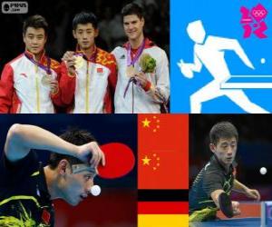 Układanka Dekoracji tenis stołowy mężczyzn indywidualnej, Zhang Jike, Wang Hao (Chiny) i Dimitrij Owczarow (Niemcy) - London 2012-