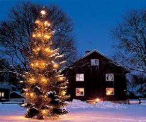 Układanka Dom z dużą drzewo udekorowane świąteczne w ogrodzie
