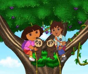 Układanka Dora i kuzyna Diego w drzewo dwa małe misie pomoc