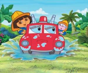 Układanka Dora the Explorer dziewczyna obok małp Boots, z silnikiem ognia