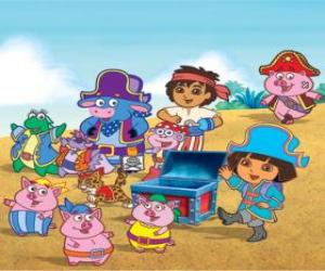 Układanka Dora z przyjaciółmi grając na piratów jest