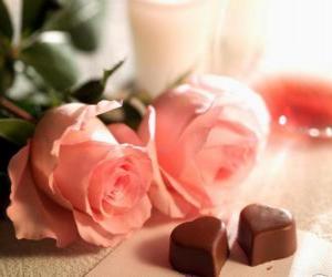 Układanka Dwa różowe róże dwie czekoladki w kształcie serca