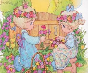 Układanka Dwie dziewczyny zbierać kwiaty. Precious Moments