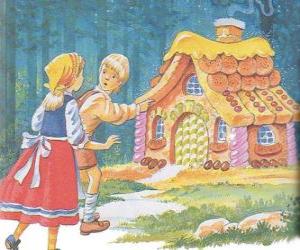 Układanka Dwóch rodzeństwo Jaś i Małgosia odkrywają dom z przepyszne cukierki