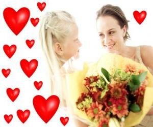 Układanka Dziewczyna z bukietem kwiatów dla matki i serca czerwone