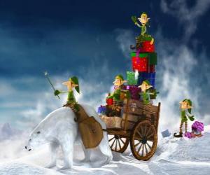 Układanka Elfy pomagają Santa Claus dostarczyć prezenty świąteczne