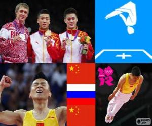 Układanka Gimnastyka dekoracji w skoki na trampolinie mężczyzn, Dong Dong (Chiny), Dmitry Uszakow (Rosja) i Lu Chunlong (Chiny) - London 2012 -