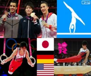 Układanka Gimnastyka mężczyzn artystycznych orbitalnego podium indywidualnie, Kohei Uchimura (Japonia), Marcel Nguyen (Niemcy) i Danell Leyva (Stany Zjednoczone) - London 2012-