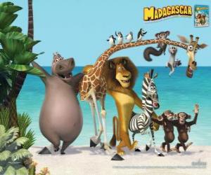 Układanka Gloria Hippo, żyrafa Melman, lew Alex, zebra Marty z innymi bohaterami przygody