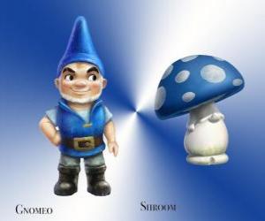 Układanka Gnomeo jest przystojny i dumny Blue Garden Gnome, wraz z jego lojalny i wierny towarzysz tynk Mushroom Shroom