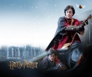 Układanka Harry Potter gry quidditcha z jego magia miotła jak myśliwy próbuje złapać piłkę