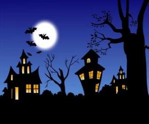 Układanka Haunted House Halloween - Full moon, nietoperze