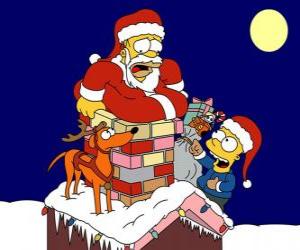 Układanka Homer i Bart Simpson pomóc Santa Claus prezenty