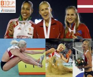 Układanka Ineta Radevica mistrz Long Jump, Naide Gomes i Olga Kucherenko (2 i 3) z Barcelona Mistrzostwa Europy w Lekkoatletyce 2010