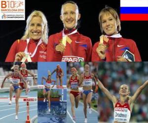 Układanka Julia Zarudneva 3000 m z przeszkodami mistrz Marta Dominguez i Liubov Jarlamova (2 i 3) z Barcelona Mistrzostwa Europy w Lekkoatletyce 2010