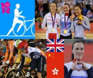 Układanka Keirin kobiet śledzić rowerowe dekoracji, Victoria Pendleton (Wielka Brytania), Guo Shuang (Chiny) i Lee Wai-Sze (Hong Kong) - London 2012-