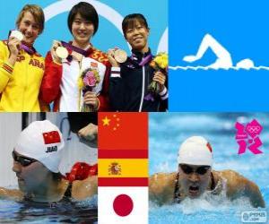 Układanka Kobiet 200 m stylem motylkowym basenie dekoracji, Jiao Liuyang (Chiny), Mireia Belmonte (Hiszpania) i Natsumi Koshi (Japonia) - London 2012-