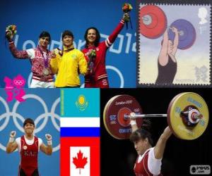 Układanka Kobiety 63 kg podnoszenie ciężarów dekoracji, Maiya Maneza (Kazachstan), Swietłana Tsarukayeva (Rosja) i Christine Girard (Kanada) - London 2012-