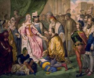 Układanka Krzysztofa Kolumba mówi do królowej Izabeli I Kastylijskiej, na dworze Ferdynanda i Izabeli