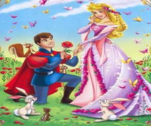 Układanka Książę Philip klęczącego przed księżniczka Aurora w propozycji małżeństwa