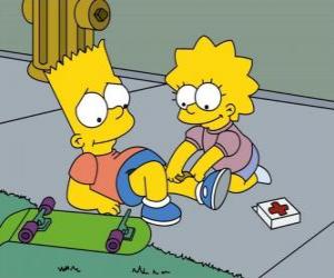 Układanka Lisa Simpsons utwardzania jego Brat brata po spadku w skateboarding