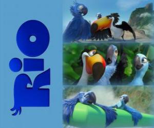 Układanka Logo Rio film z jej trzech bohaterów: ary Blu, Jewel i tucan Rafael