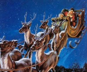 Układanka Magia reniferów ciągnąc sanie Świętego Mikołaja w noc Bożego Narodzenia