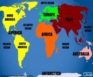 Układanka Mapa świata z kontynentów i oceanów
