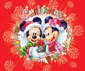 Układanka Miki i Minnie Mouse wraped się w ciepłych, Santa Claus kapelusze