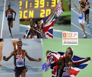 Układanka Mo Farah 10000 m mistrz, Chris Thompson i Daniele Meucci (2 i 3) z Barcelona Mistrzostwa Europy w Lekkoatletyce 2010