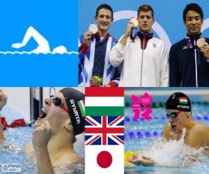 Układanka Mężczyzn basenie 200 m żabką dekoracji, Daniel Gyurta (Węgry), Michael Jamieson (Wielka Brytania) i Ryo Tateishi (Japonia) - London 2012-