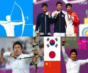 Układanka Mężczyzn dekoracji Łucznictwo indywidualnej, Oh Jin-Hyek (Korea Południowa), Takaharu Furukawa (Japonia) i kompozytor Dai (Chiny) - London 2012-