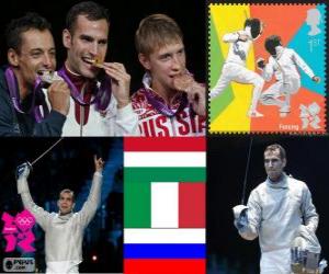Układanka Mężczyźni szabla podium indywidualnie, Áron Szilágyi (Węgry), Diego Occhiuzzi (Włochy) i Nikołaj Kowaliow (Rosja) - London 2012-